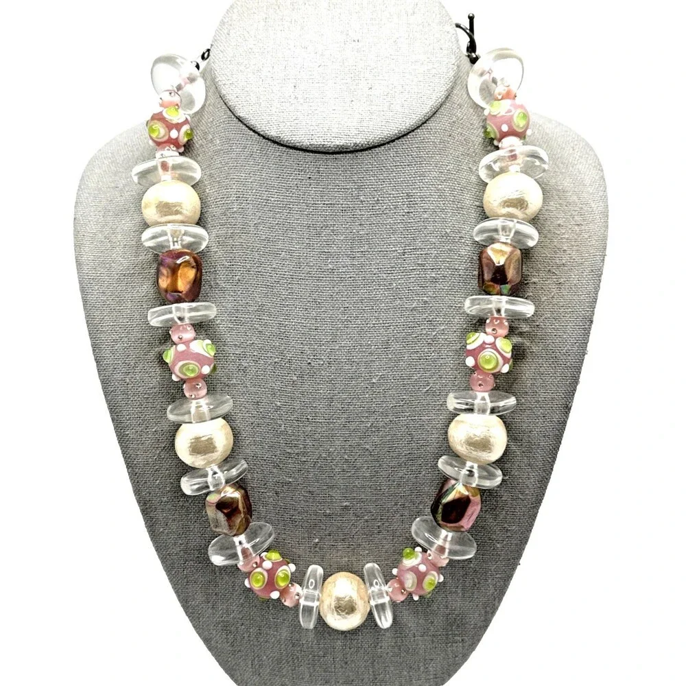 Lampwork Glass Lucite Bead Necklace Multicolor Wedding Cake Statement 925 Clasp
